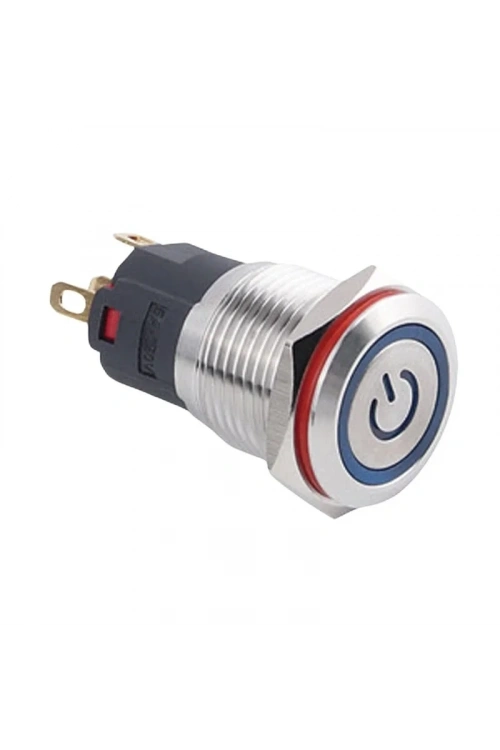 WD16A-P1-EC 16mm Düz Yaylı Işıklı Power Metal Buton - Mavi