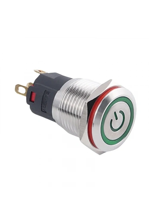 WD16A-P1-EC 16mm Düz Yaylı Işıklı Power Metal Buton - Yeşil