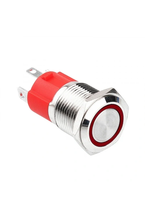 WD16D-P1-E 16mm Düz Yaylı Işıklı Metal Buton - Kırmızı