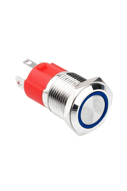 WD16D-P1-E 16mm Düz Yaylı Işıklı Metal Buton - Mavi