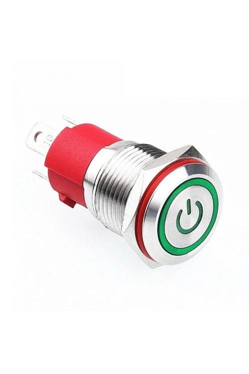 WD16D-P1-EC 16mm Düz Yaylı Işıklı Power Metal Buton - Yeşil