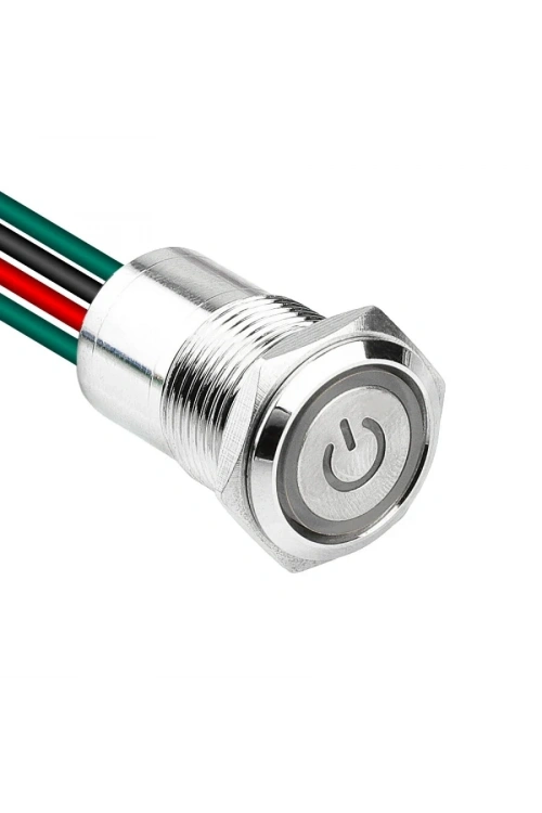 WD16D1-P2-EC 16mm Düz Yaylı Işıklı Power Kablolu Metal Buton - Beyaz