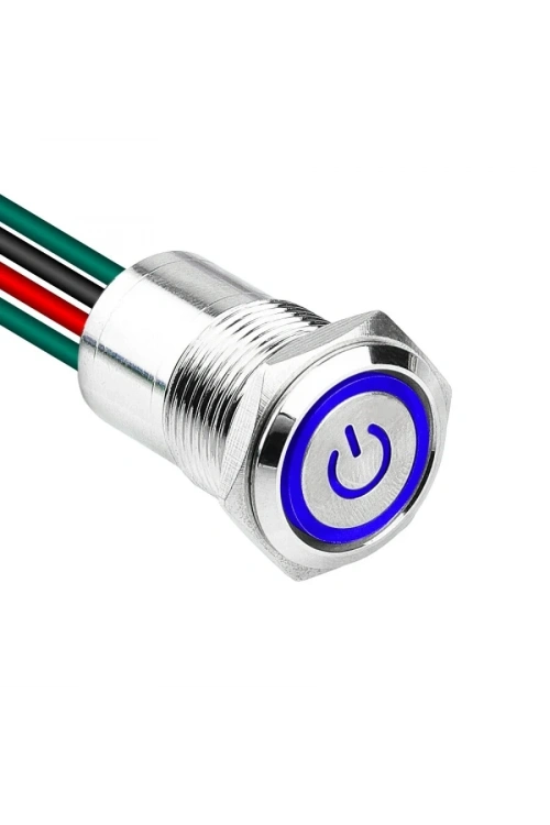 WD16D1-P2-EC 16mm Düz Yaylı Işıklı Power Kablolu Metal Buton - Mavi