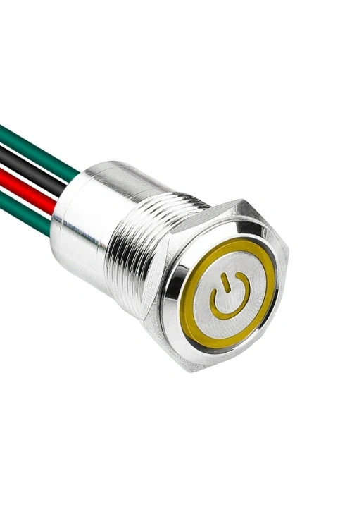 WD16D1-P2-EC 16mm Düz Yaylı Işıklı Power Kablolu Metal Buton - Sarı