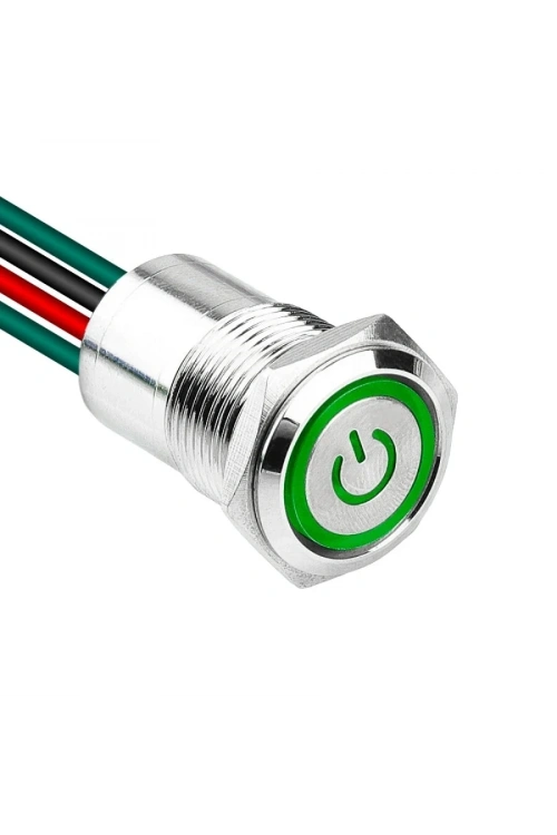 WD16D1-P2Z-EC 16mm Düz Anahtarlı Işıklı Power Kablolu Metal Buton - Yeşil