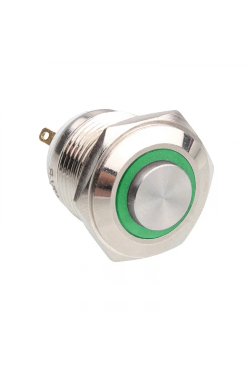 WD16H-G1-E 16mm Çıkık Yaylı Işıklı Metal Buton - Yeşil