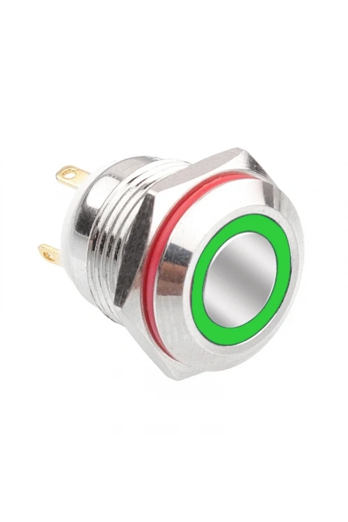 WD16H-P1-E 16mm Düz Yaylı Işıklı Metal Buton - Yeşil