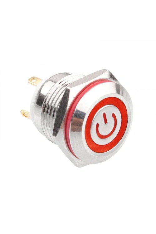WD16H-P1-EC 16mm Düz Yaylı Işıklı Power Metal Buton - Kırmızı