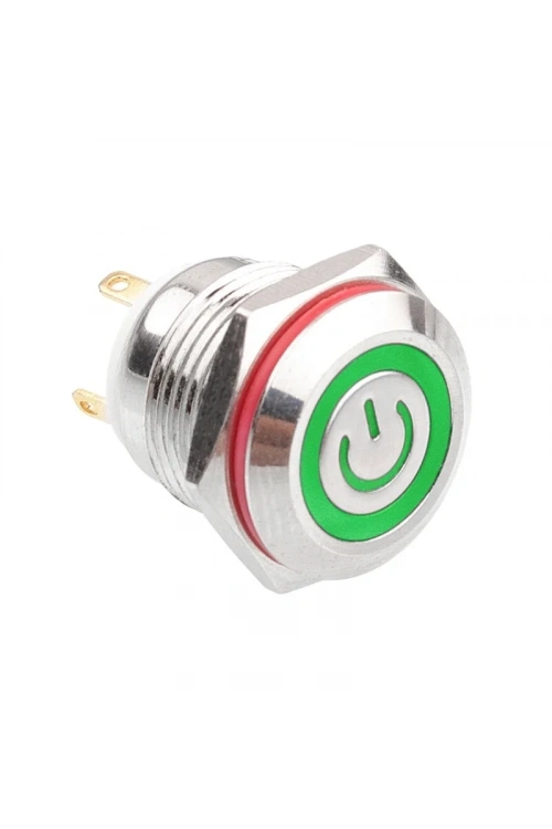 WD16H-P1-EC 16mm Düz Yaylı Işıklı Power Metal Buton - Yeşil