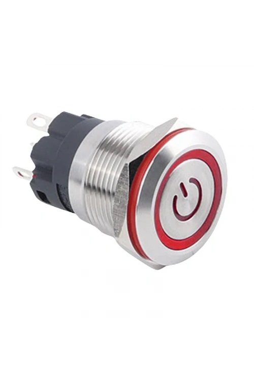 WD19A-P1-EC 19mm Düz Yaylı Işıklı Power Metal Buton - Kırmızı