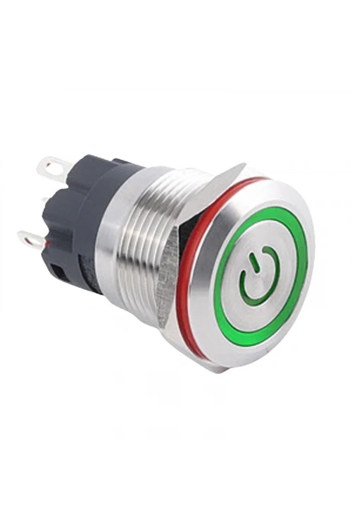 WD19A-P1-EC 19mm Düz Yaylı Işıklı Power Metal Buton - Yeşil