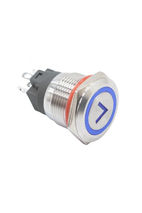 WD19A-P1-ET 19mm Düz Yaylı Işıklı Ok İşaretli Metal Buton - Mavi