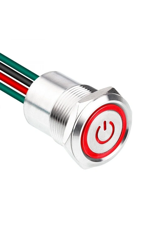 WD19D1-P2-EC 19mm Düz Yaylı Işıklı Power Kablolu Metal Buton - Kırmızı