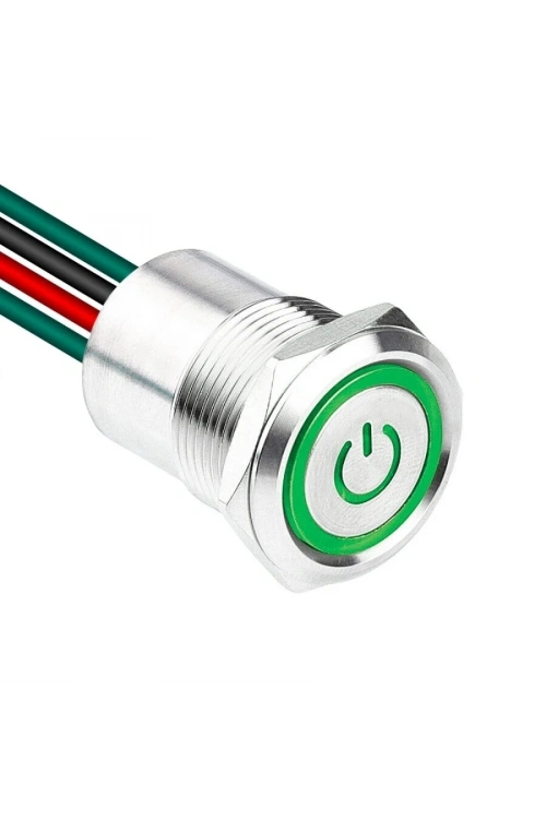 WD19D1-P2-EC 19mm Düz Yaylı Işıklı Power Kablolu Metal Buton - Yeşil