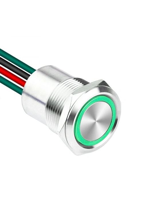 WD19D1-P2Z-E 19mm Düz Anahtarlı Işıklı Kablolu Metal Buton - Yeşil