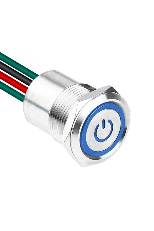 WD19D1-P2Z-EC 19mm Düz Anahtarlı Işıklı Power Kablolu Metal Buton - Mavi