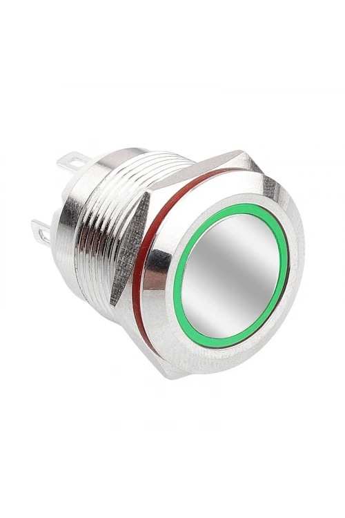 WD19H-P1-E 19mm Düz Yaylı Işıklı Metal Buton - Yeşil