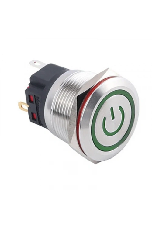 WD22B-P1-EC 22mm Düz Yaylı Işıklı Power Metal Buton - Yeşil