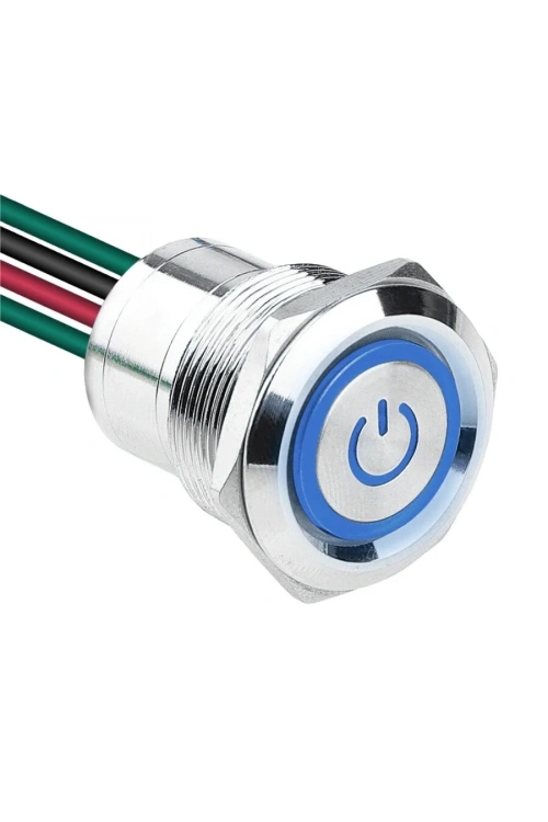 WD22D1-P2-EC 22mm Düz Yaylı Işıklı Power Kablolu Metal Buton - Mavi