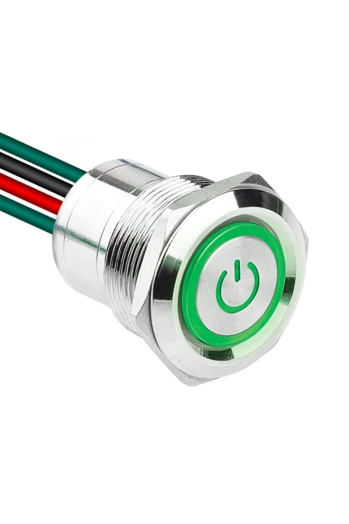 WD22D1-P2-EC 22mm Düz Yaylı Işıklı Power Kablolu Metal Buton - Yeşil