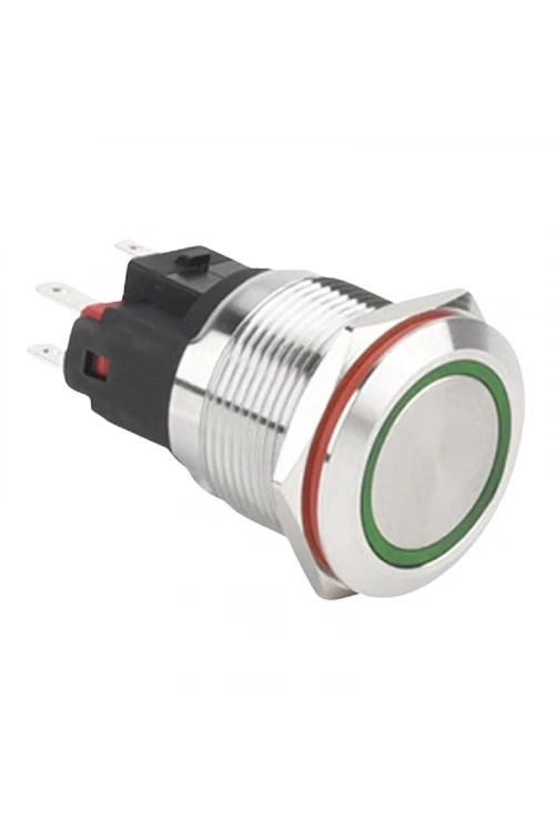 WD22E-P1-E 22mm Düz Yaylı Işıklı Metal Buton - Yeşil
