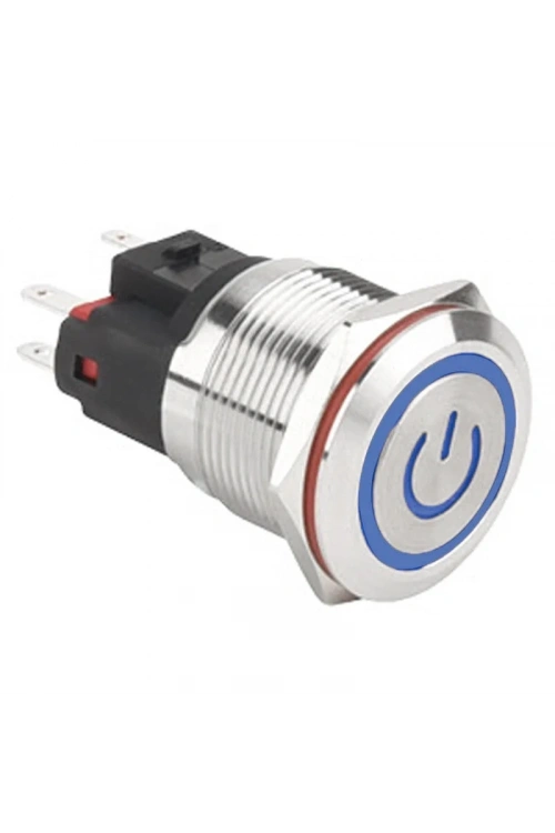 WD22E-P1-EC 22mm Düz Yaylı Işıklı Power Metal Buton - Mavi