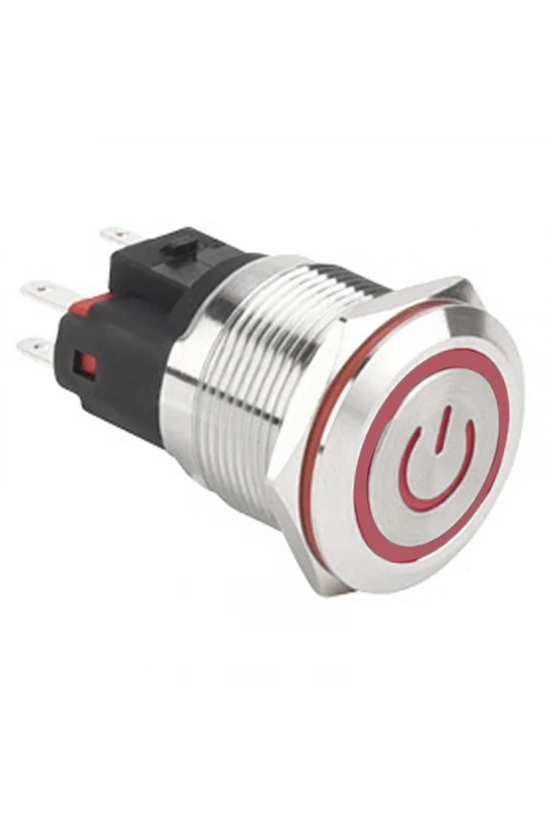 WD22E-P1Z-EC 22mm Düz Anahtarlı Işıklı Power Metal Buton - Kırmızı