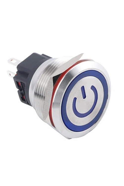 WD25B-P1-EC 25mm Düz Yaylı Işıklı Power Metal Buton - Mavi