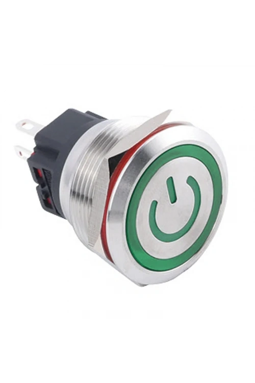 WD25B-P1Z-EC 25mm Düz Anahtarlı Işıklı Power Metal Buton - Yeşil