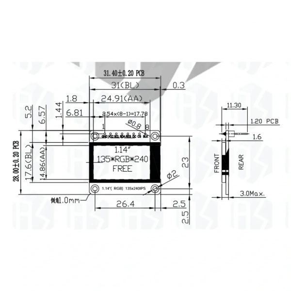 1.14 inch ST7789V Chip 135×240 RGB TFT IPS 8 Pin LCD Ekran Modülü