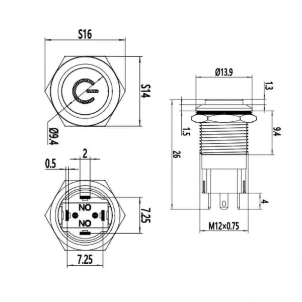 12A-G1-C 12mm Çıkık Yaylı Işıklı Power Metal Buton - Kırmızı