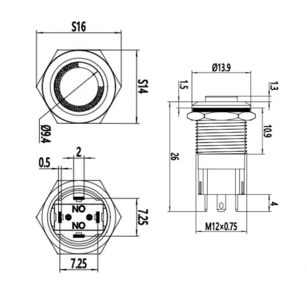 12A-G1Z-E 12mm Çıkık Anahtarlı Işıklı Metal Buton - Yeşil
