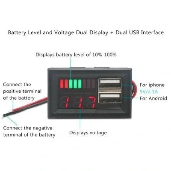 12V Akü Kapasite Göstergesi - 5V 2A USB Çıkışlı