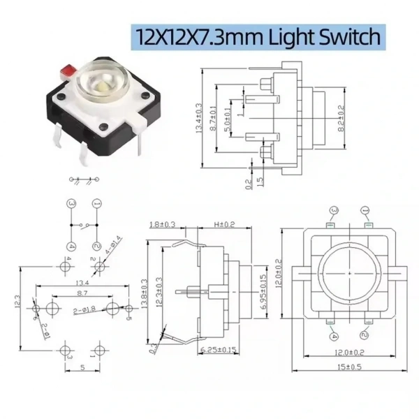 12x12mm Mavi Led Işıklı Tact Switch
