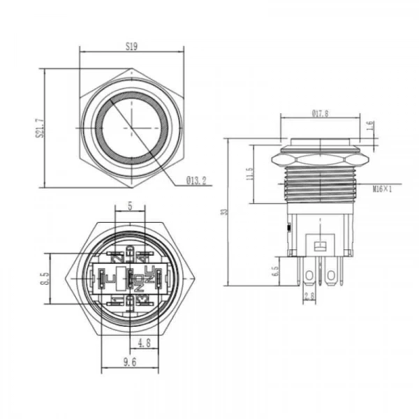 16A-G1-E 16mm Çıkık Yaylı Işıklı Metal Buton - Mavi