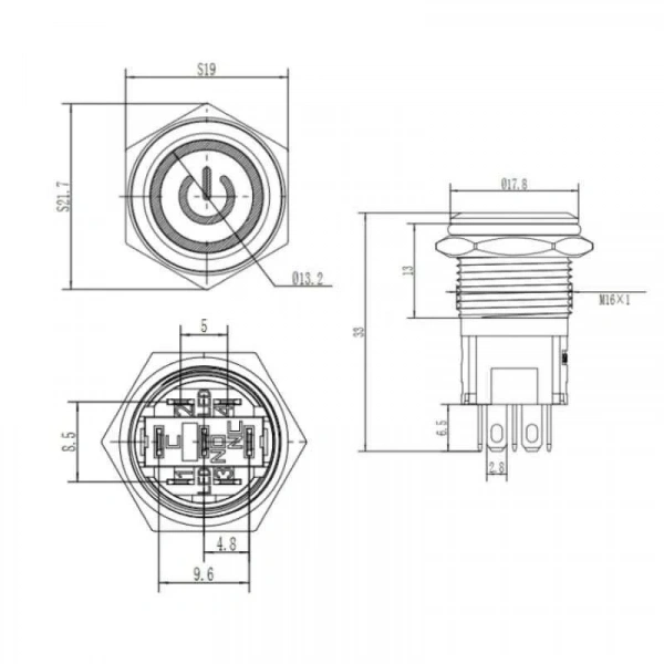 16A-P1Z-EC 16mm Düz Anahtarlı Işıklı Power Metal Buton - Beyaz