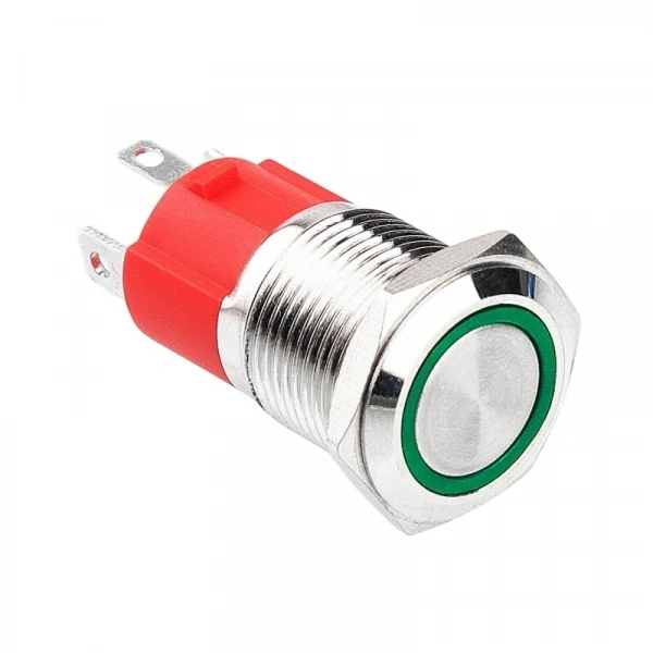 16D-P1-E 16mm Düz Yaylı Işıklı Metal Buton - Yeşil