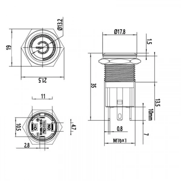 16D-P1Z-EC 16mm Düz Anahtarlı Işıklı Power Metal Buton - Sarı