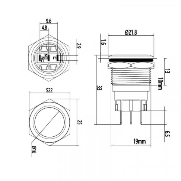19A-P1Z 19mm Düz Anahtarlı Metal Buton