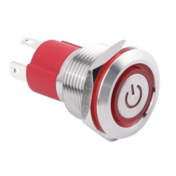 19D-P1-EC 19mm Düz Yaylı Işıklı Power Metal Buton - Kırmızı