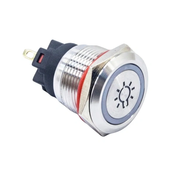 19FXHX 19mm Düz Anahtarlı Işıklı Led İşaretli Metal Buton - Beyaz