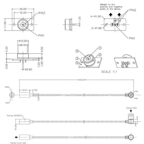 2-Pin 10mm 90C Kablolu PCBli Pogo Pin Manyetik Konnektör Takımı - DC Soketli