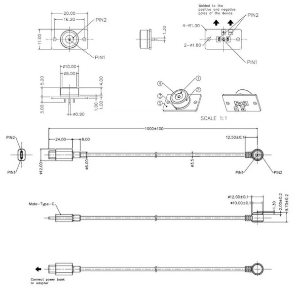 2-Pin 10mm 90C Kablolu PCBli Pogo Pin Manyetik Konnektör Takımı - Type-C Soketli