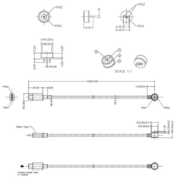 2-Pin 10mm 90C Kablolu Pogo Pin Manyetik Konnektör Takımı - Type-C Soketli