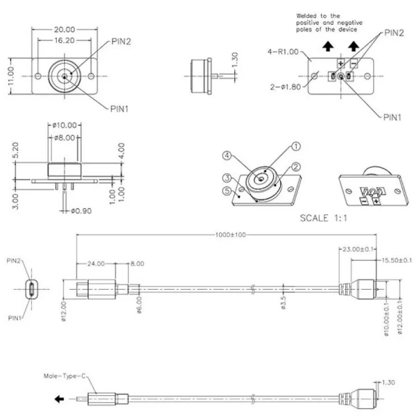 2-Pin 10mm Kablolu PCBli Pogo Pin Manyetik Konnektör Takımı - Type-C Soketli