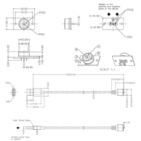 2-Pin 10mm Kablolu PCBli Pogo Pin Manyetik Konnektör Takımı - USB Soketli