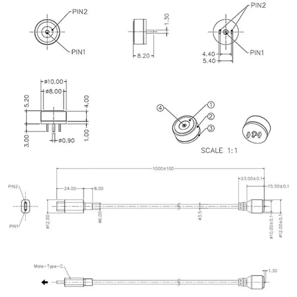 2-Pin 10mm Kablolu Pogo Pin Manyetik Konnektör Takımı - Type-C Soketli
