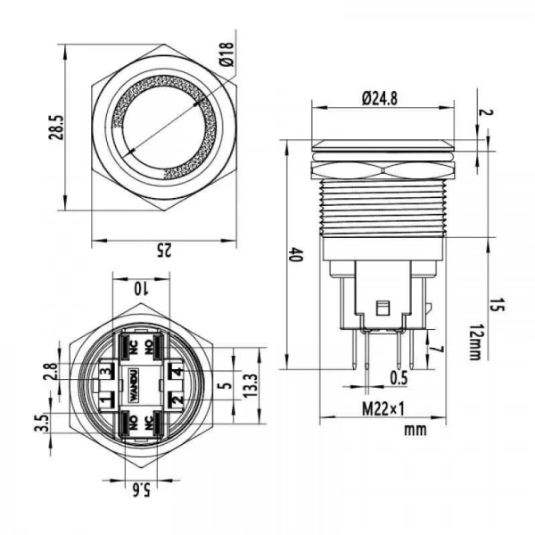 22E-P1Z-E 22mm Düz Anahtarlı Işıklı Metal Buton - Sarı