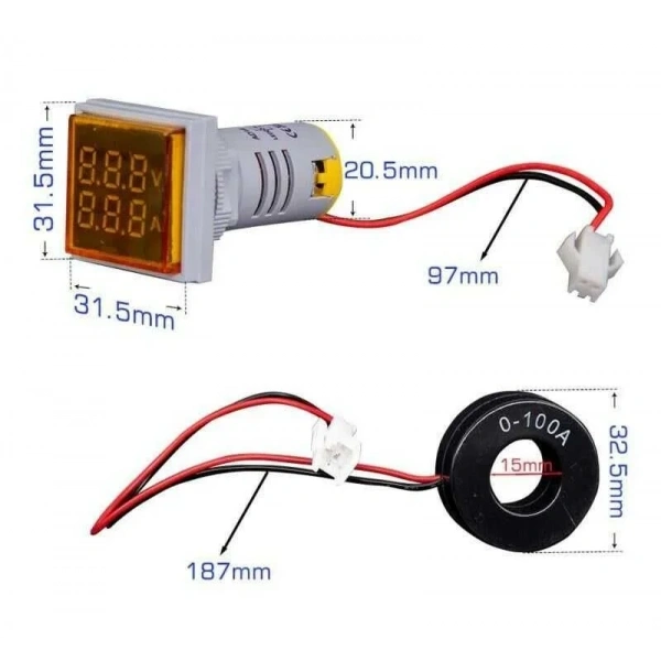 22mm Dijital Voltmetre-Ampermetre AC 20-500V 0-100A Sarı