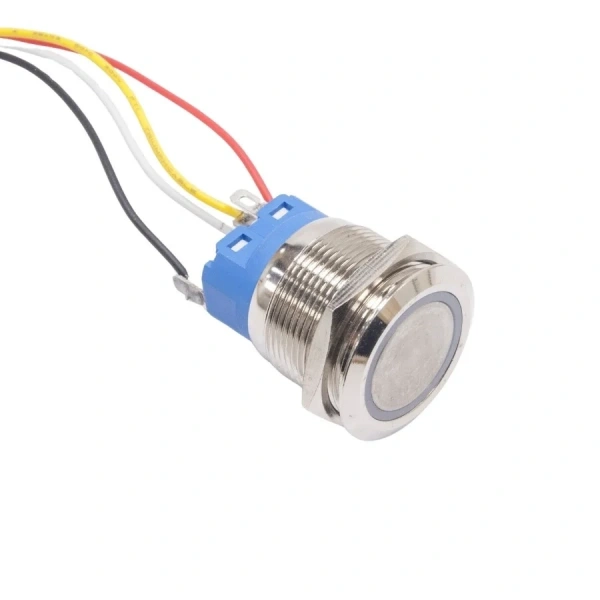 22mm Düz Yaylı Mavi Işıklı Metal Buton - Kablolu